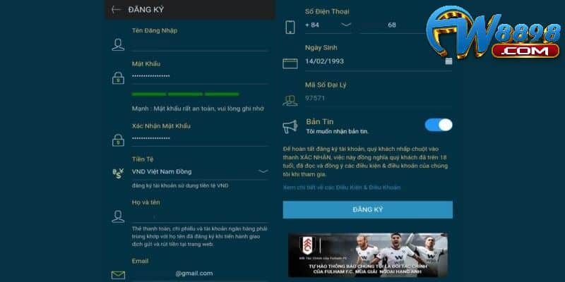 Đăng ký tài khoản W88 thông qua máy tính